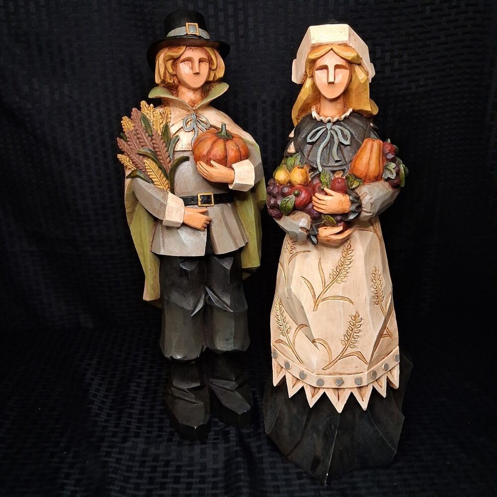 Cubist Pilgrim Man and Woman Figurines Thanksgiving Fall Harvest Decor 17"